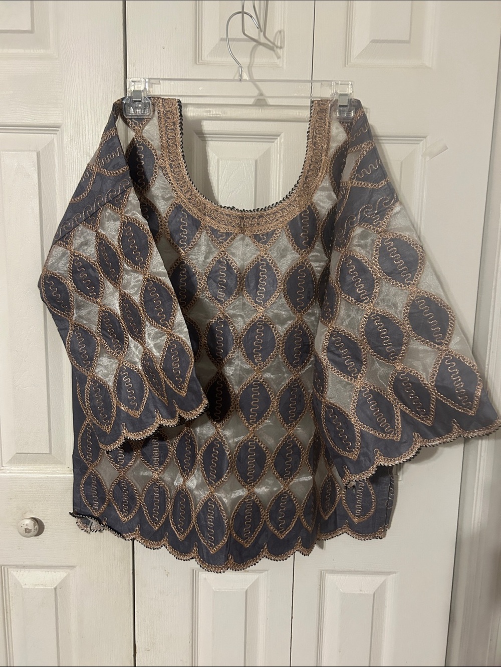 Embroidered Gray Bell-Sleeve Women's Top